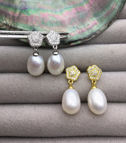 AAA 9mm White rice pearl Pentagon cz stud earrings,S925 Sterling Silver pearl earrings,pearl for women for girl,SE3-138