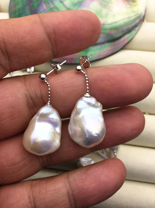 1 pair AAA 13-17mm white flame ball pearl stud earrings, sterling silver, earring with white baroque Natural Pearl, SE3-031-24