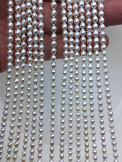 AAA 3.5-4x4-5mm white short rice pearls, full strand, oval loose pearl beads, diy pearl beads, genuine pearl, Cultured pearl, LR3-3A-33