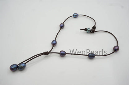 Deep Blue Rice Pearl Leather necklace, Freshwater pearl, Black Leather Pearl necklace, Select leather color, Le4-080