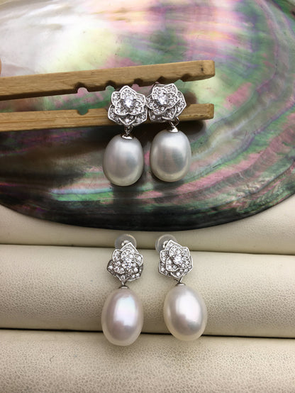 AAA 9mm White rice pearl cz stud earrings,zircon S925 Sterling Silver pearl earrings,pearl for women for girl,SE3-102