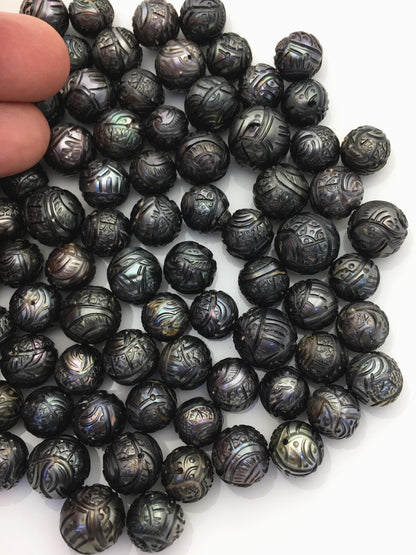 1pc AA 10-14 Black Near Round Carved Tahitian Pearl - Hand Carved - Tattoo Pearls, carved pearls, flower design, through hole, CAC-FLW-9-2