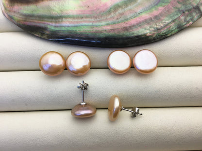 1 pair AAA 12-13mm Pink Orange Coin Fresh Water pearl stud earrings,S925 Sterling Silver,dangle pearl earrings,SE3-T27