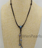 Black Green Potato pearl leather Drop necklace, Pearl and Leather Lariat Necklace, Leather Pearl necklace, Black leather pearl necklace, Le4-055