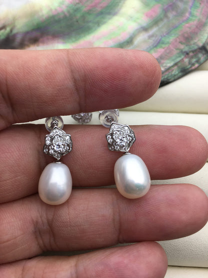 AAA 9mm White rice pearl cz stud earrings,zircon S925 Sterling Silver pearl earrings,pearl for women for girl,SE3-102