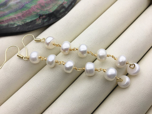 Handmade white button round pearl dangle earrings,earring with white baroque Natural Pearl,SE3-120-5
