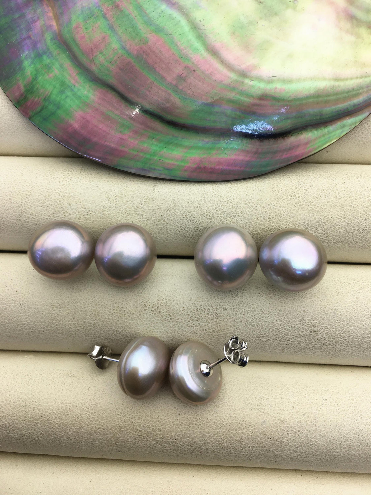 2 pairs AA+ 11.5-12mm big gray baroque round Pearl Stud Earrings, S925 sterling silver, freshwater pearl earrings, SE1-069-6