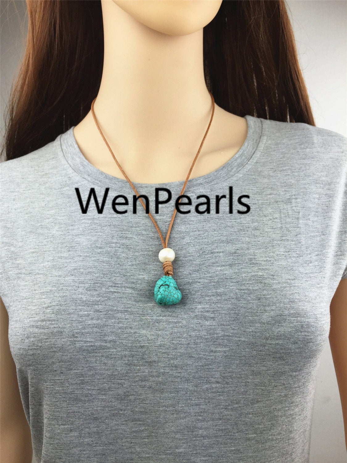 Turquoise gemstone leather necklace,knotted pearls,handmade pearl necklace,pearl necklace,necklace,Le1-008